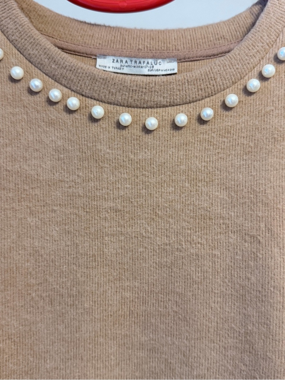 Zara Pearl-Trim Tan Crewneck Top